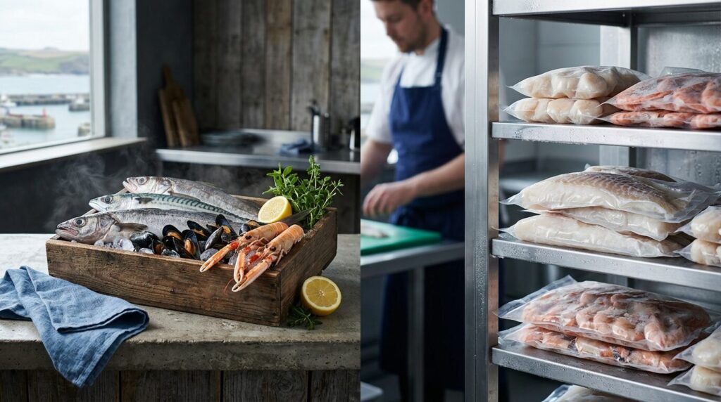 Fresh seafood on ice in a wooden box, contrasted with vacuum-sealed frozen seafood stored on stainless steel shelves.