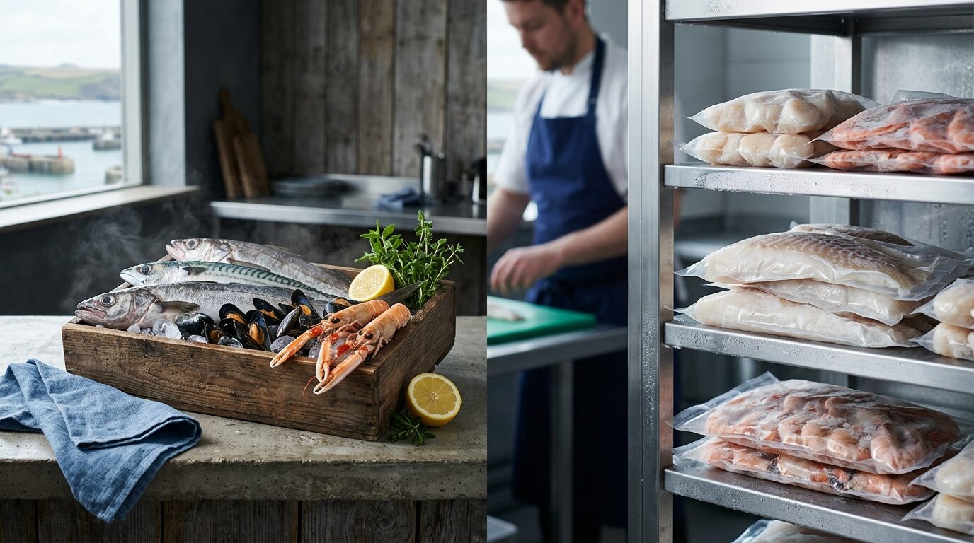 Fresh seafood on ice in a wooden box, contrasted with vacuum-sealed frozen seafood stored on stainless steel shelves.