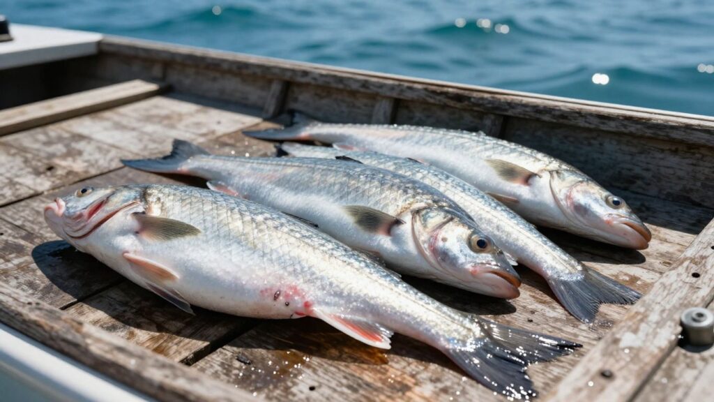Freshly caught fish on a boat near Devon and Cornwall.