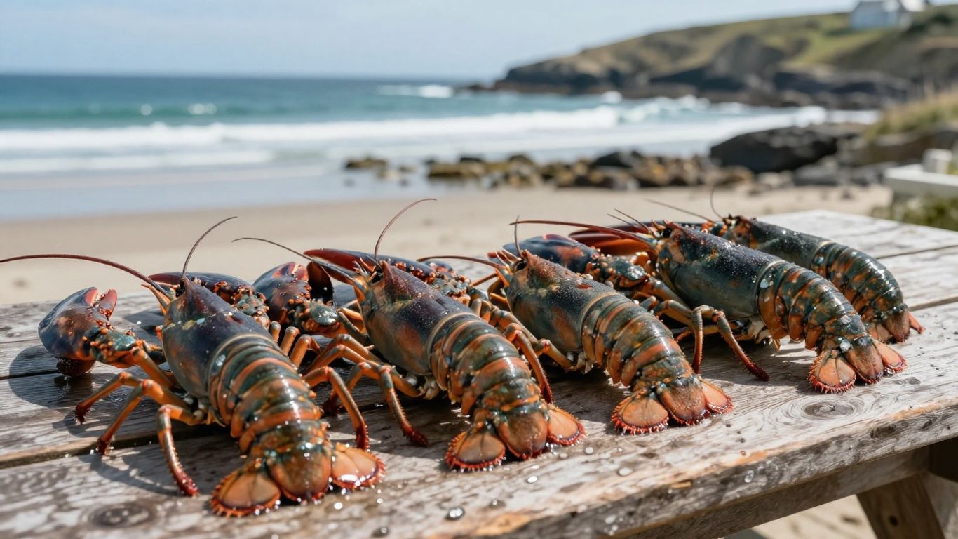 Fresh Cornish lobsters and mussels by the sea.