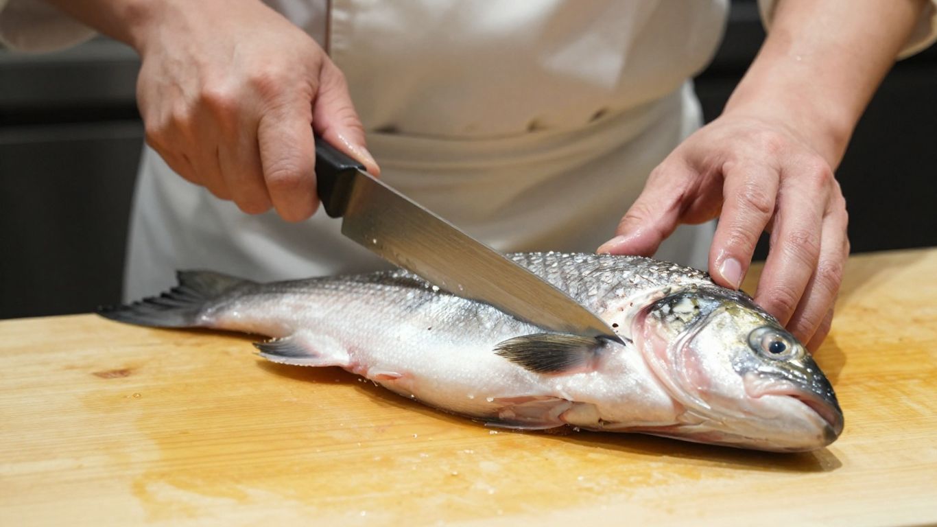 Chef's hands filleting a fresh fish with a sharp knife.